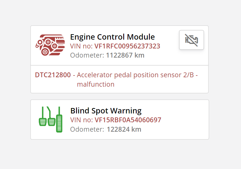 Comparison of VIN numbers and mileage in ECU blocks